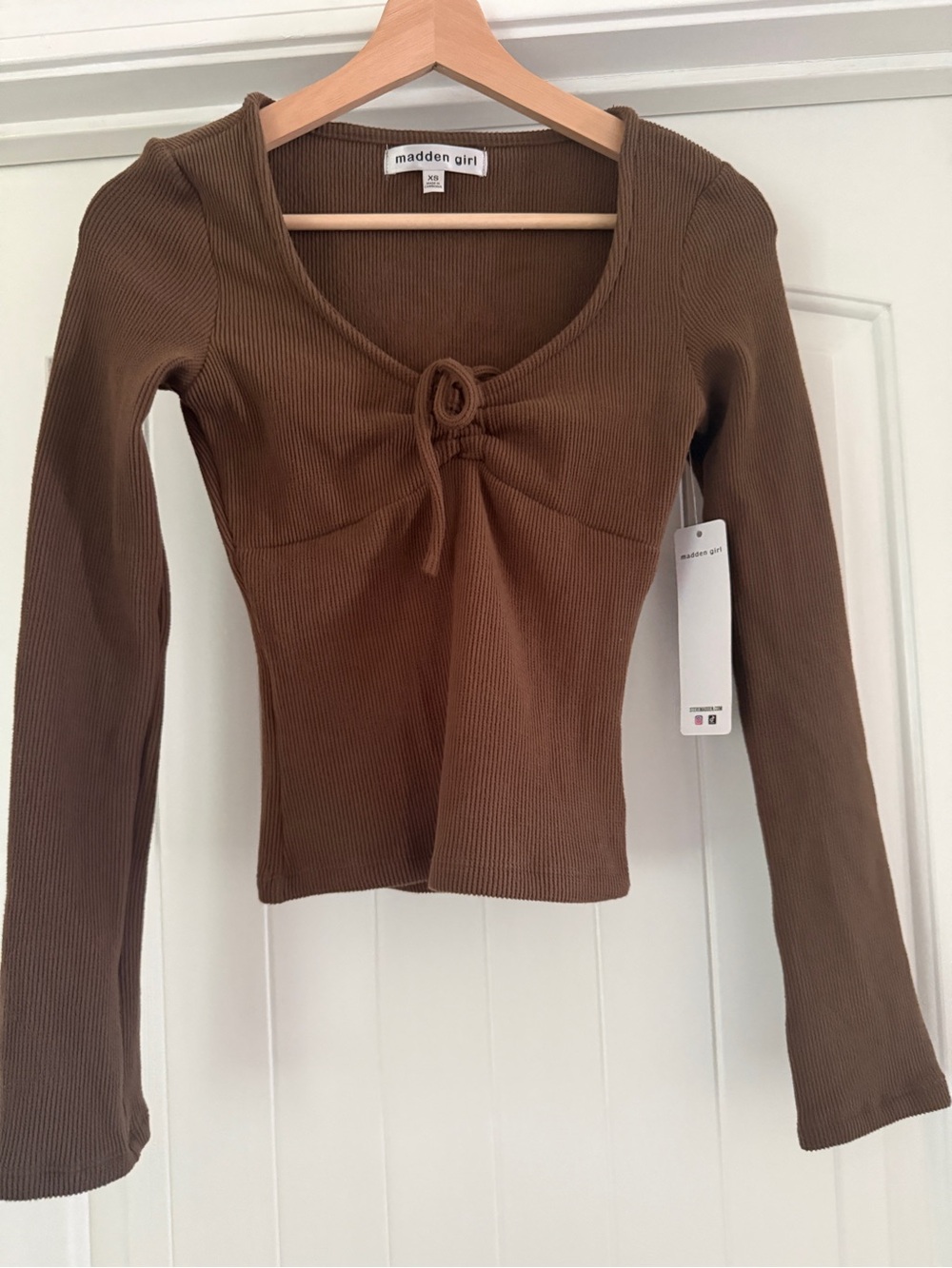 Madden Girl Chocolate Brown Ribbed Tie-Front Long Sleeve Top